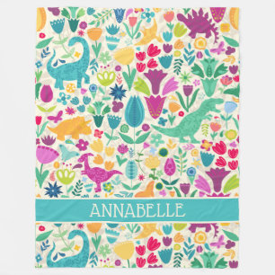 Dinosaur Floral Folk Silhouettes Beauful Girls Fleece Deken