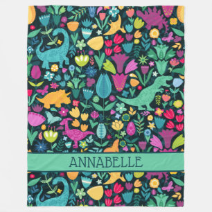 Dinosaur Floral Folk Silhouettes Beauful Girls Fleece Deken