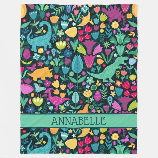Dinosaur Floral Folk Silhouettes Beauful Girls Fleece Deken (Voorkant)
