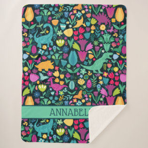 Dinosaur Floral Folk Silhouettes Beauful Girls Sherpa Deken