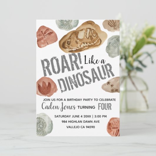 Dinosaur fossiel kind verjaardagsfeestuitnodiging kaart (Staand voorkant)