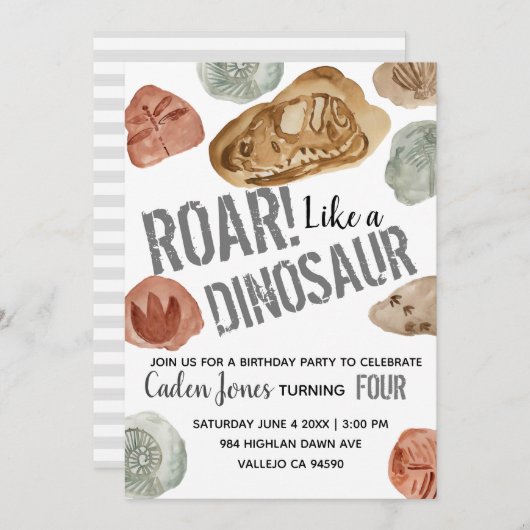 Dinosaur fossiel kind verjaardagsfeestuitnodiging kaart (Voorkant / Achterkant)