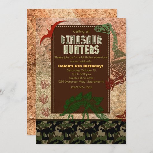 Dinosaur Fossil & Camo Verjaardagsfeestje Uitnodig Kaart (Voorkant / Achterkant)