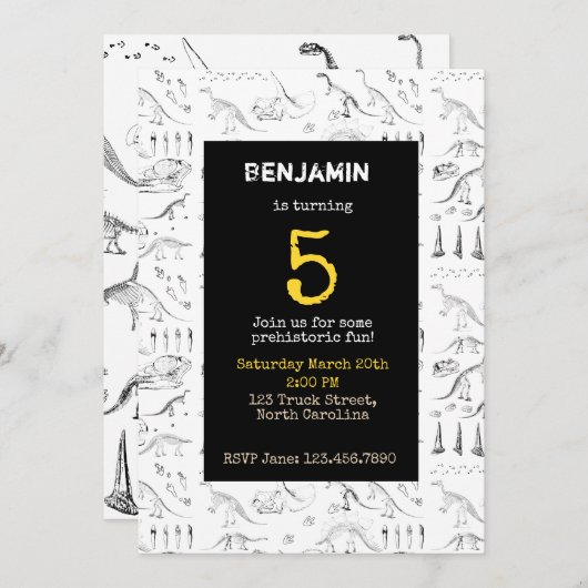 Dinosaur Fossils Pattern Kids Birthday Invitation Kaart (Voorkant / Achterkant)