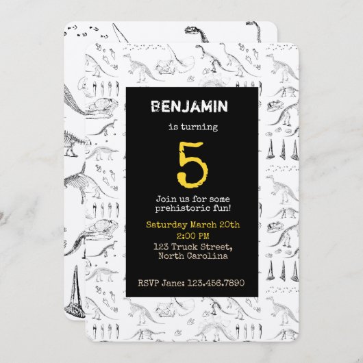 Dinosaur Fossils Pattern Kids Birthday Invitation Kaart (Voorkant / Achterkant)