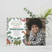 Dinosaur Foto Birthday Party Invitation Kaart (Staand voorkant)