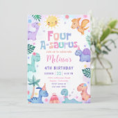 Dinosaur four-A-Saurus 4th Birthday Party Kaart (Staand voorkant)