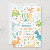 Dinosaur four-A-Saurus 4th Birthday Party Kaart (Voorkant)