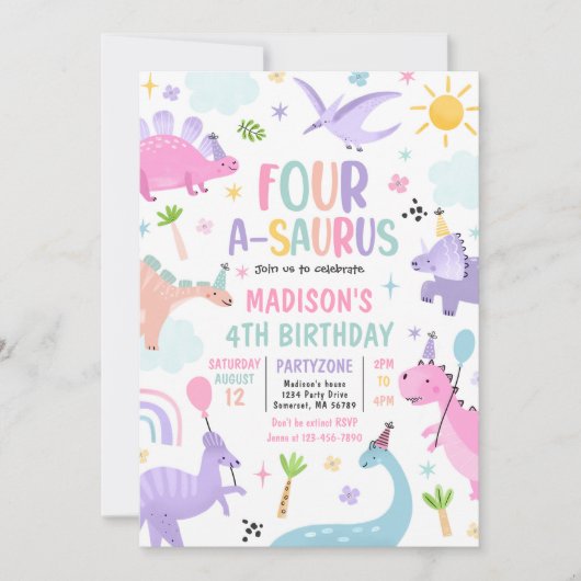 Dinosaur four-A-Saurus 4th Birthday Party Kaart (Voorkant)