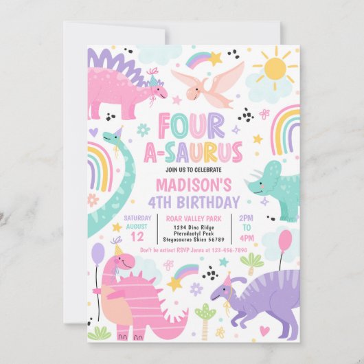 Dinosaur four-A-Saurus 4th Birthday Party Kaart (Voorkant)