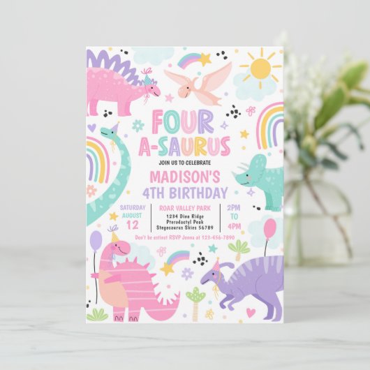 Dinosaur four-A-Saurus 4th Birthday Party Kaart (Staand voorkant)