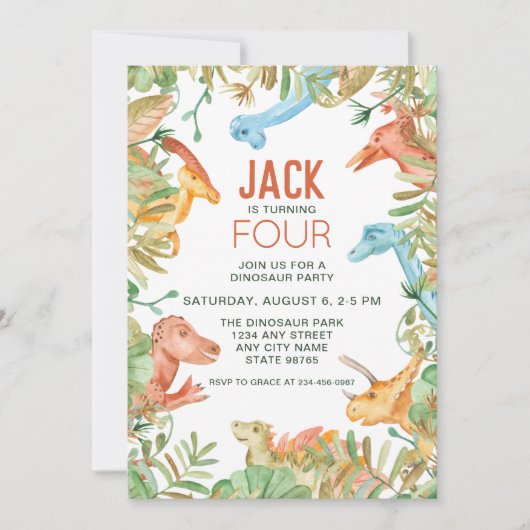Dinosaur Fourth Birthday Party Invitation Kaart (Voorkant)