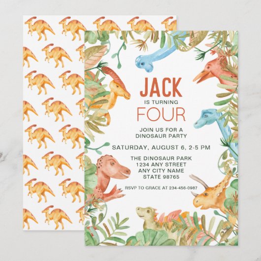 Dinosaur Fourth Birthday Party Invitation Kaart (Voorkant / Achterkant)