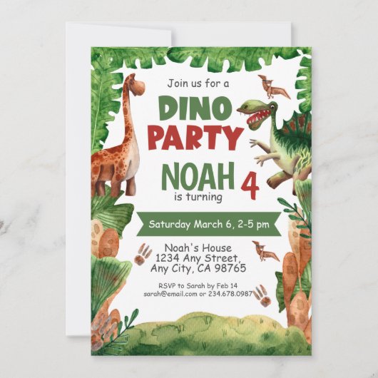 Dinosaur Fourth Birthday Party Invitation Kaart (Voorkant)