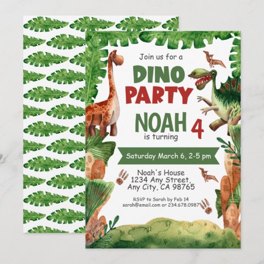 Dinosaur Fourth Birthday Party Invitation Kaart (Voorkant / Achterkant)