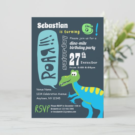 Dinosaur Fun Birthday Party, Boys Dino Mite Kaart (Staand voorkant)