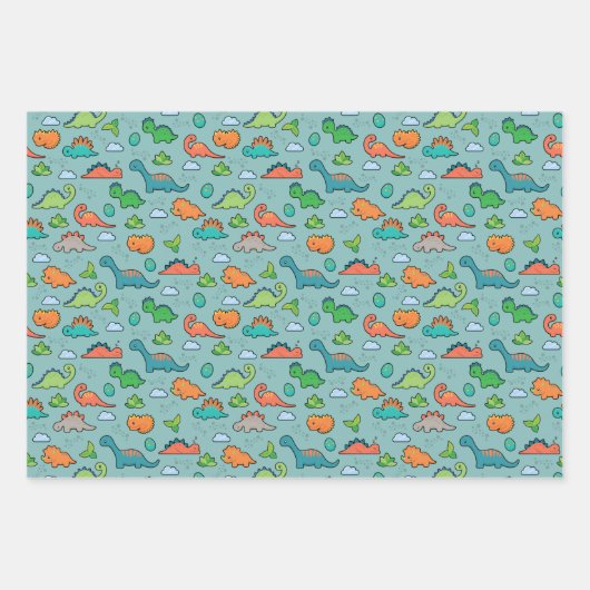Dinosaur Fun Wrapping Paper Flat Sheet Set van 3 (Voorkant)