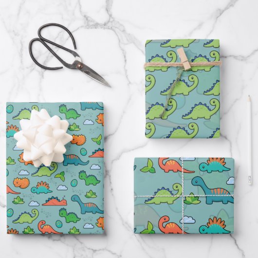 Dinosaur Fun Wrapping Paper Flat Sheet Set van 3 (Voorkant)