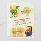 Dinosaur Gamer Joint Double Birthday Invitation Kaart (Voorkant)