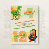 Dinosaur Gamer Joint Double Birthday Invitation Kaart