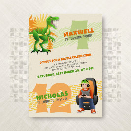 Dinosaur Gamer Joint Double Birthday Invitation Kaart