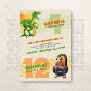 Dinosaur Gamer Joint Double Birthday Invitation Kaart