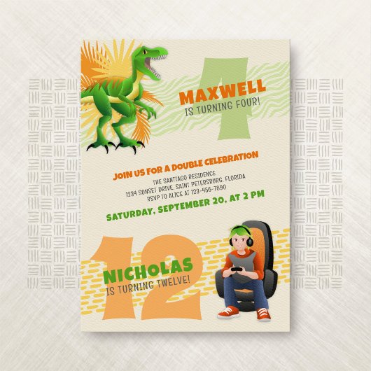 Dinosaur Gamer Joint Double Birthday Invitation Kaart