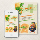 Dinosaur Gamer Joint Double Birthday Invitation Kaart