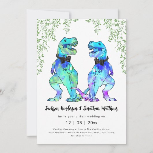 Dinosaur Gay Wedding T-Rex Twee Grooms Kaart (Voorkant)