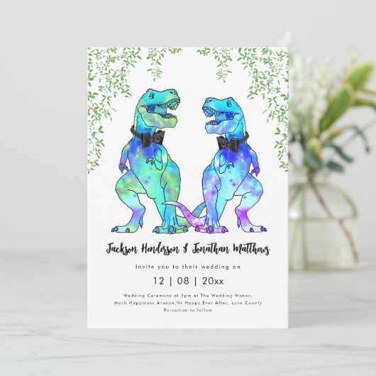 Dinosaur Gay Wedding T-Rex Twee Grooms Kaart (Staand voorkant)