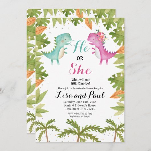 Dinosaur Gender Reopenbaart Uitnodiging (Voorkant / Achterkant)