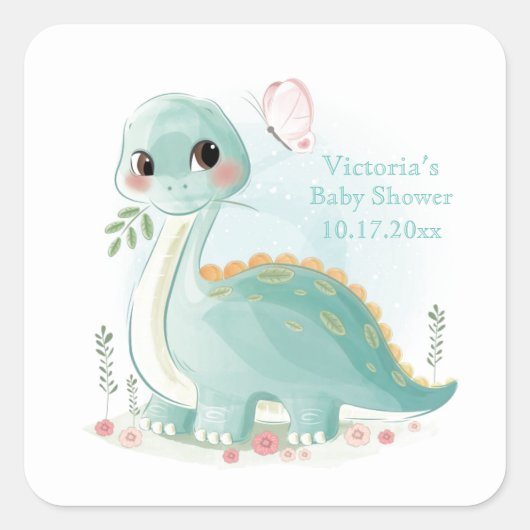 Dinosaur Gepersonaliseerd Baby shower Vierkante Sticker (Voorkant)