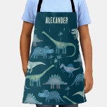 Dinosaur Gepersonaliseerd Schort<br><div class="desc">Veel blauwe dinosaurussen, Tyrannosaurus rex, Spinosaurus, Stegosaurus, Diplodocus en Triceratops op een donkergroene achtergrond. Verander de naam om te personaliseren. Originele kunst van Nic Squirrell.</div>