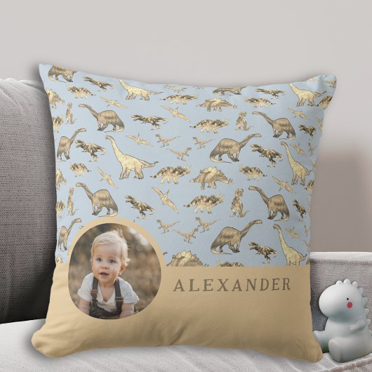 Dinosaur Gepersonaliseerde Foto en Naam Blauw Kussen