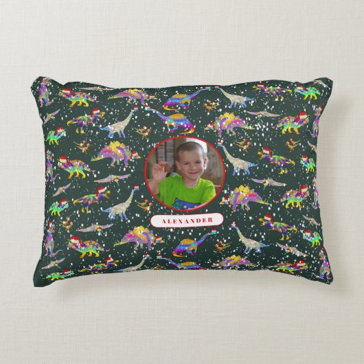 Dinosaur Gepersonaliseerde Jongens Foto en Naam Accent Kussen (Voorkant)