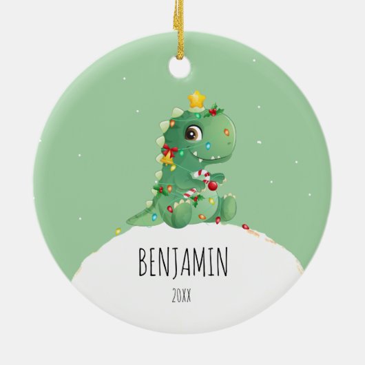 Dinosaur Gepersonaliseerde naam kerstversiering Keramisch Ornament (Achterkant)