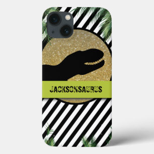 Dinosaur gestreepte witte monogram Case-Mate iPhone case