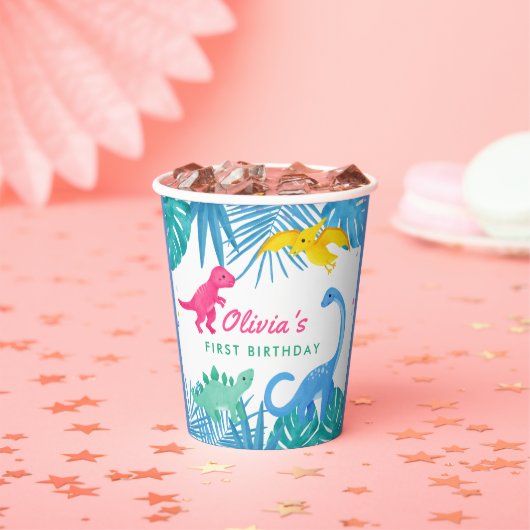 Dinosaur Girl 1st Birthday Colorful Papieren Bekers (Insitu)