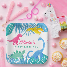 Dinosaur Girl 1st Birthday Colorful Papieren Bordje