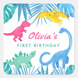 Dinosaur Girl 1st Birthday Colorful Vierkante Sticker