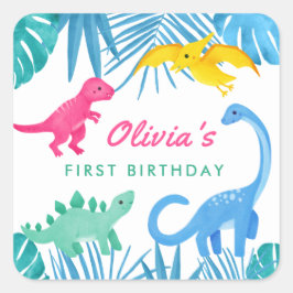 Dinosaur Girl 1st Birthday Colorful Vierkante Sticker
