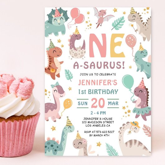 Dinosaur Girl 1st Birthday Invitation Kaart
