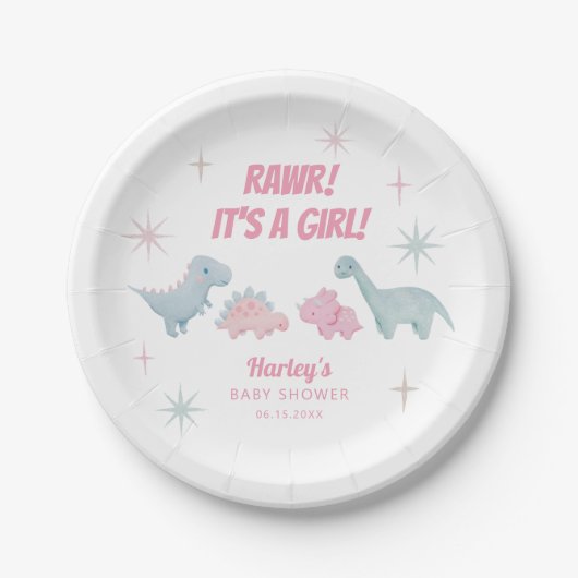 Dinosaur Girl Baby shower Pink Papieren Bordje (Voorkant)
