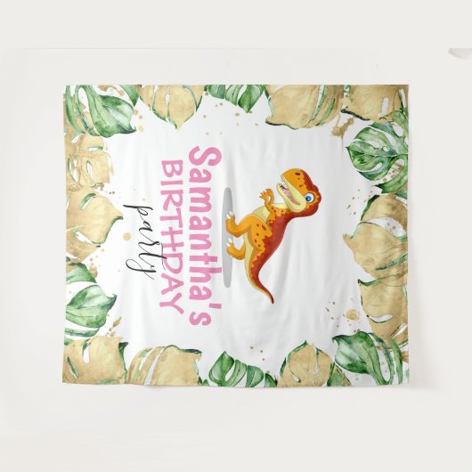 Dinosaur Girl BIRTHDAY-achtergrond Wandkleed (Voorkant (horizontaal))