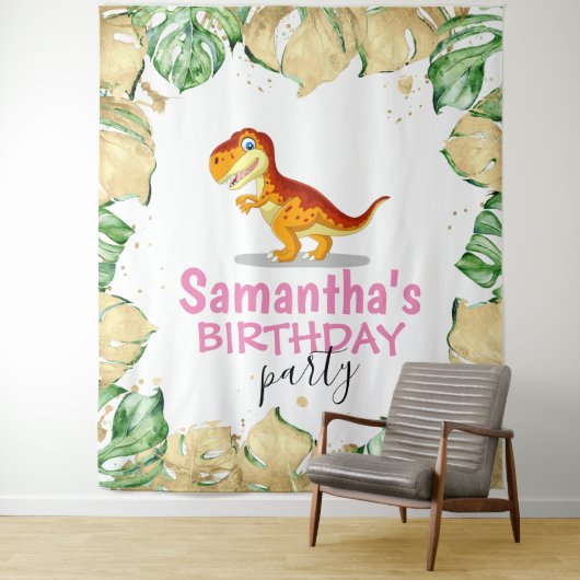 Dinosaur Girl BIRTHDAY-achtergrond Wandkleed (In situ)