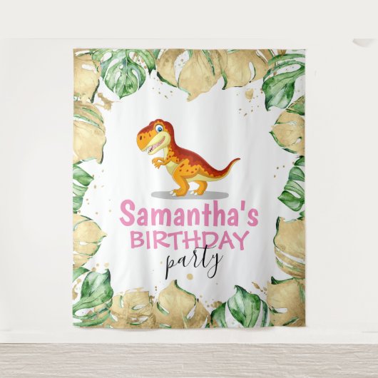 Dinosaur Girl BIRTHDAY-achtergrond Wandkleed (Voorkant)