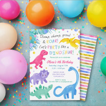 Dinosaur Girl Birthday Invitation Colorful Cute