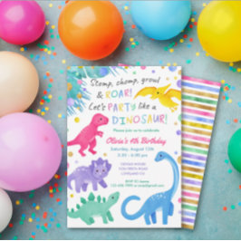 Dinosaur Girl Birthday Invitation Colorful Cute Kaart