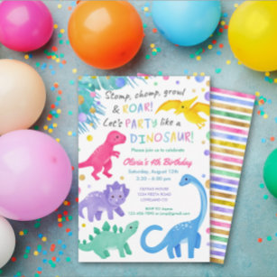 Dinosaur Girl Birthday Invitation Colorful Cute Kaart