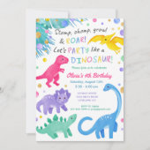 Dinosaur Girl Birthday Invitation Colorful Cute Kaart (Voorkant)